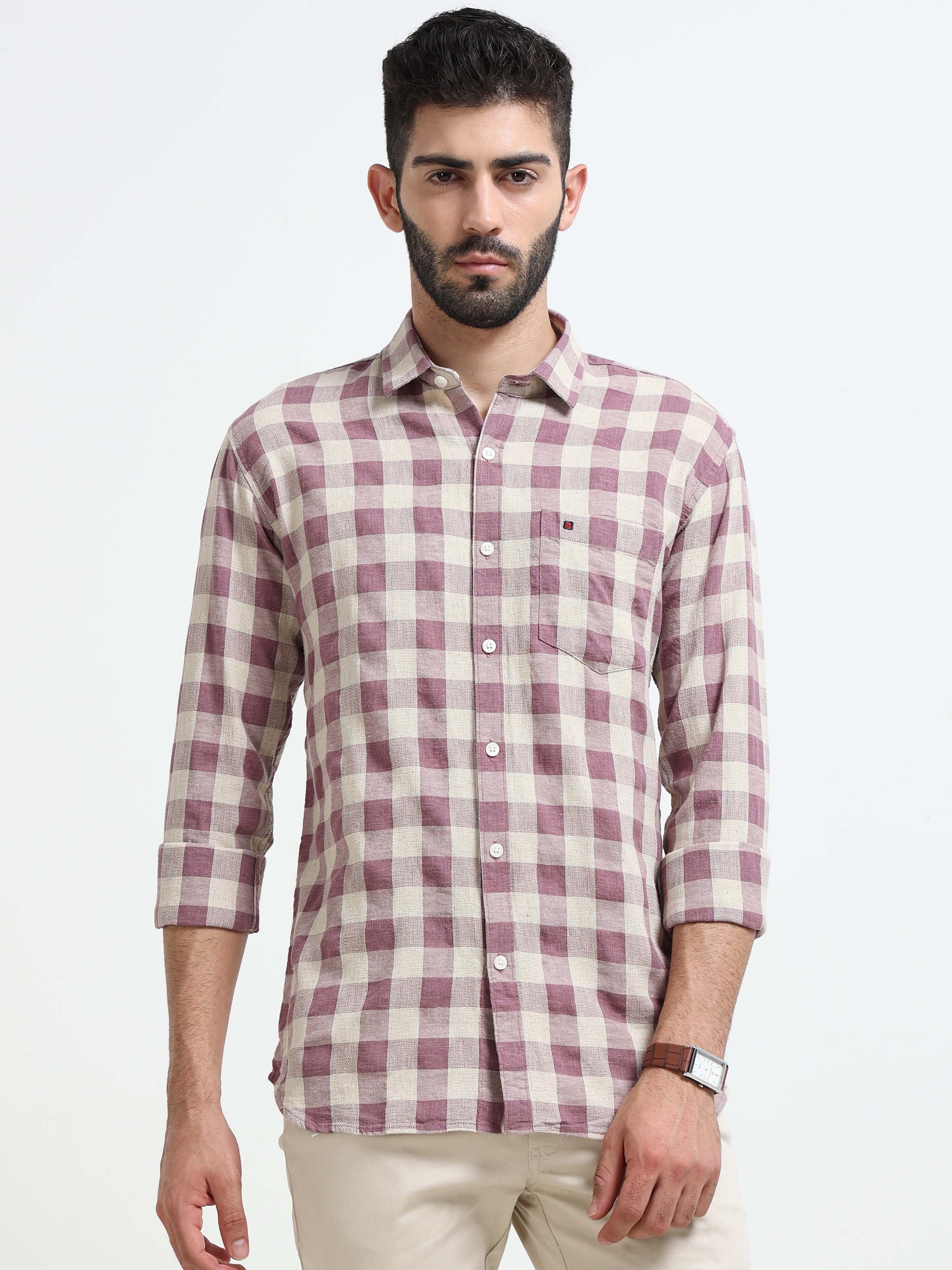 Light Purple Checks Slim Fit Cotton Casual Shirts