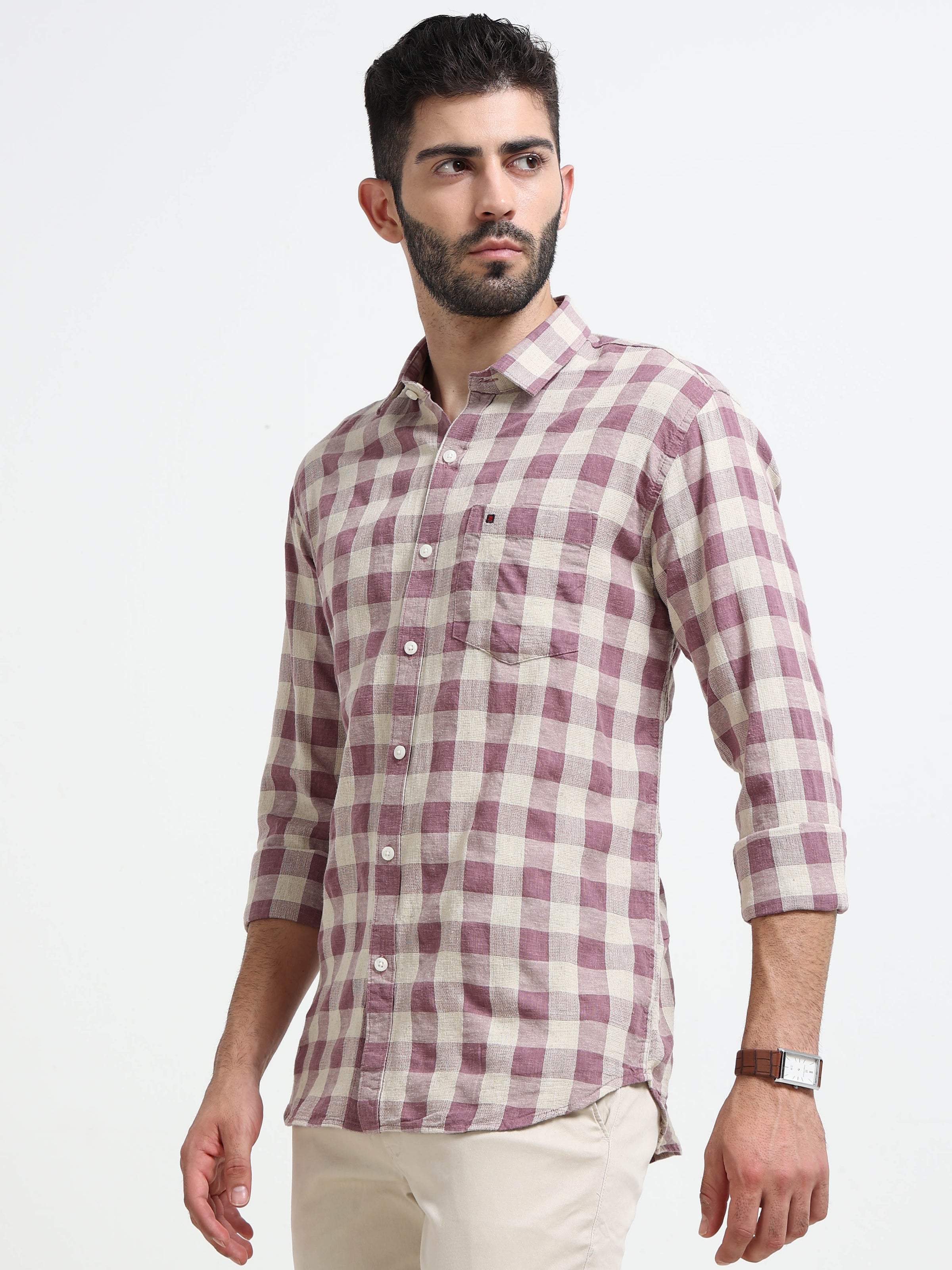 Light Purple Checks Slim Fit Cotton Casual Shirts
