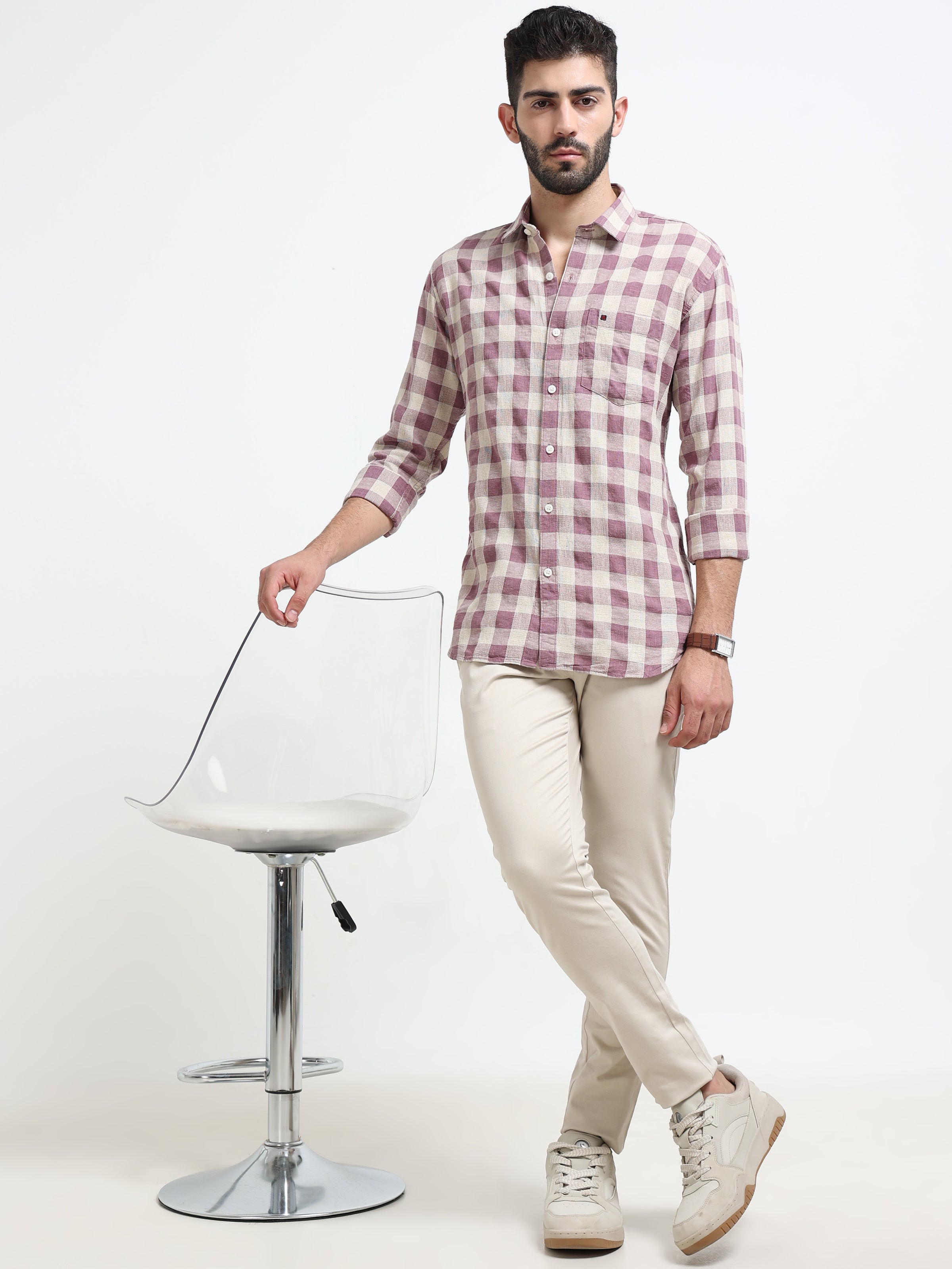 Light Purple Checks Slim Fit Cotton Casual Shirts