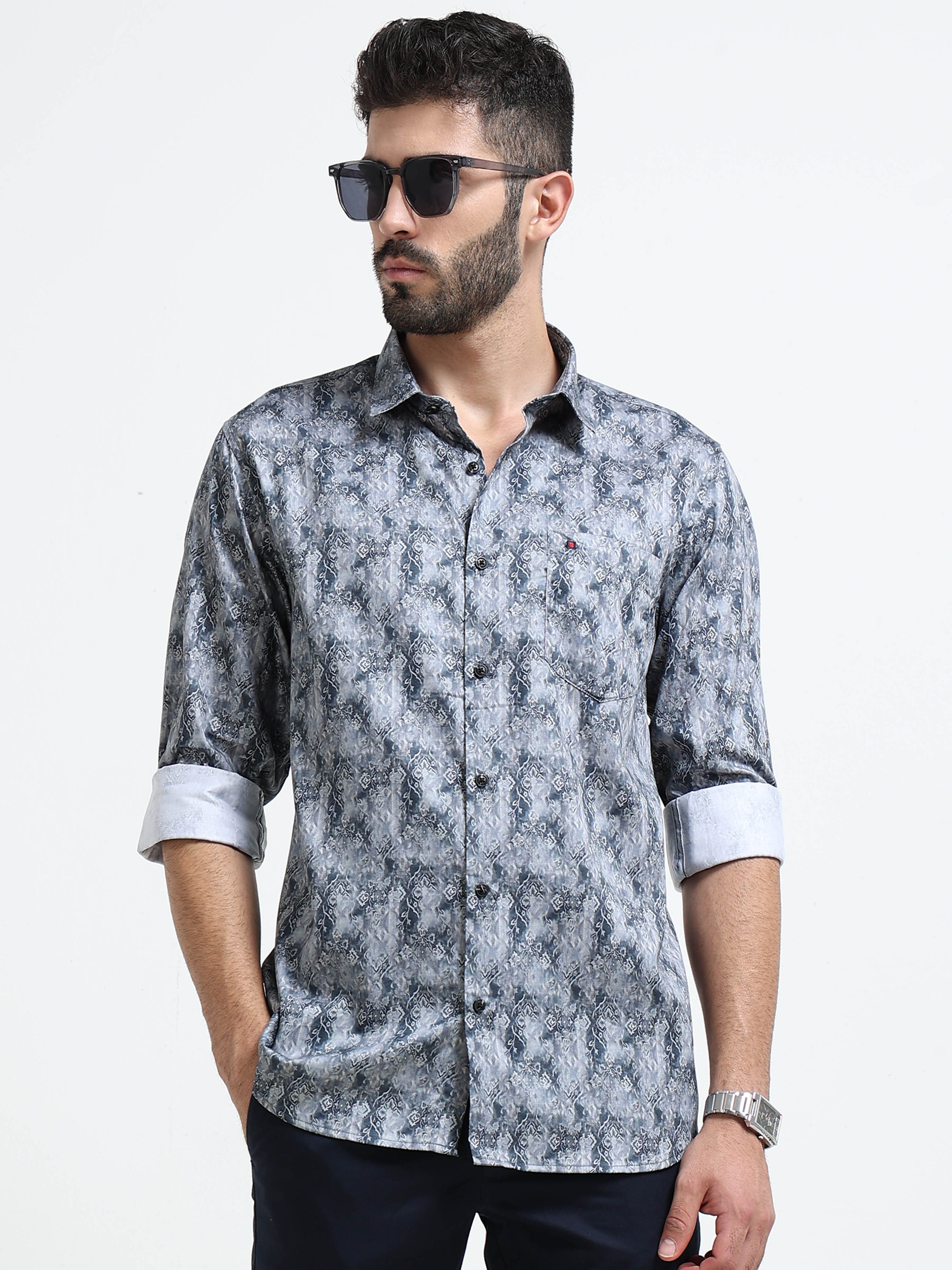 Blue Slim Fit Floral Printed Casual Shirt
