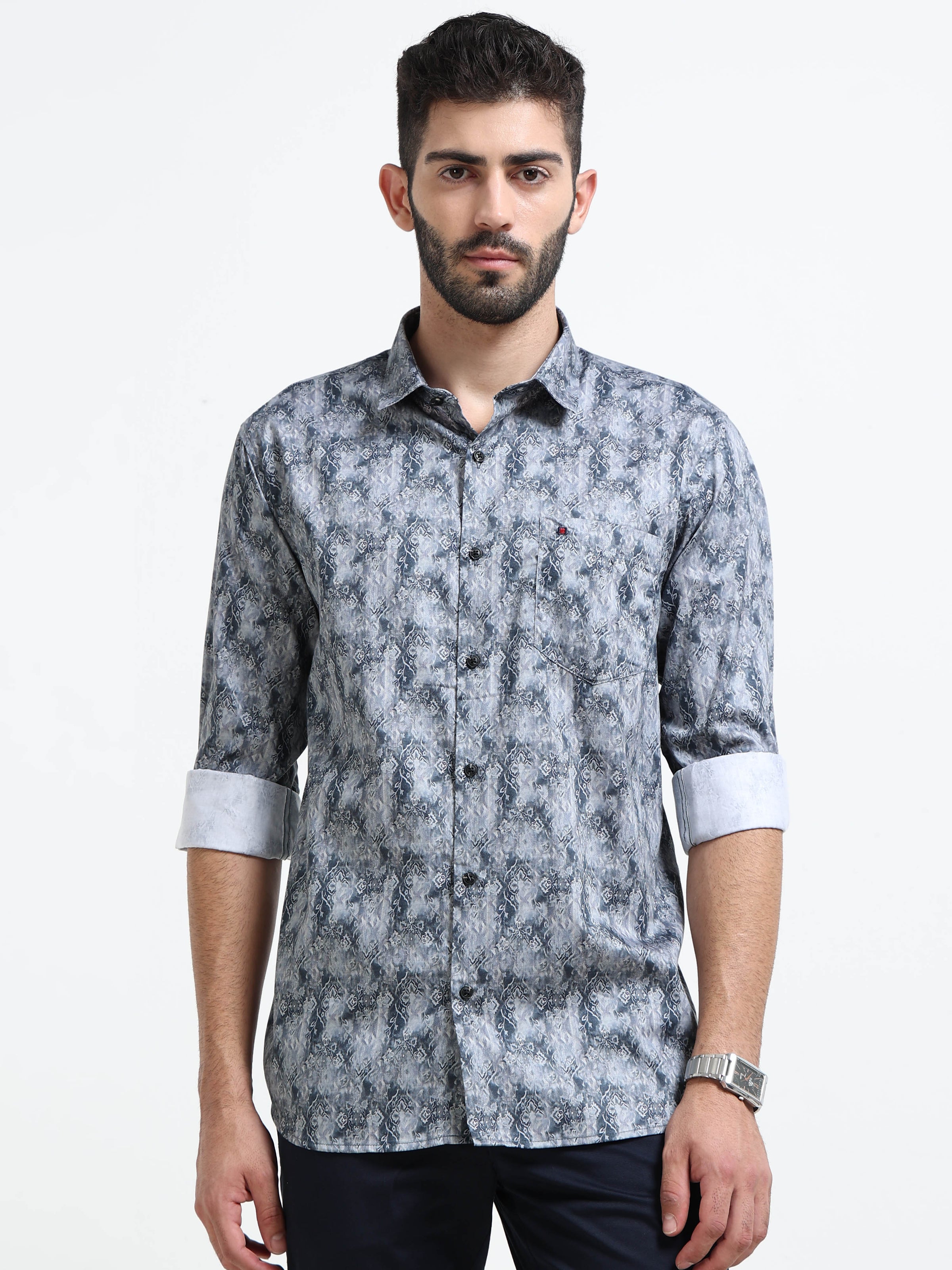 Blue Slim Fit Floral Printed Casual Shirt