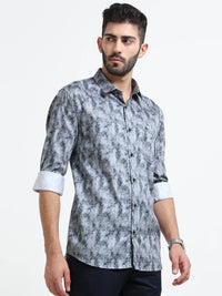 Blue Slim Fit Floral Printed Casual Shirt