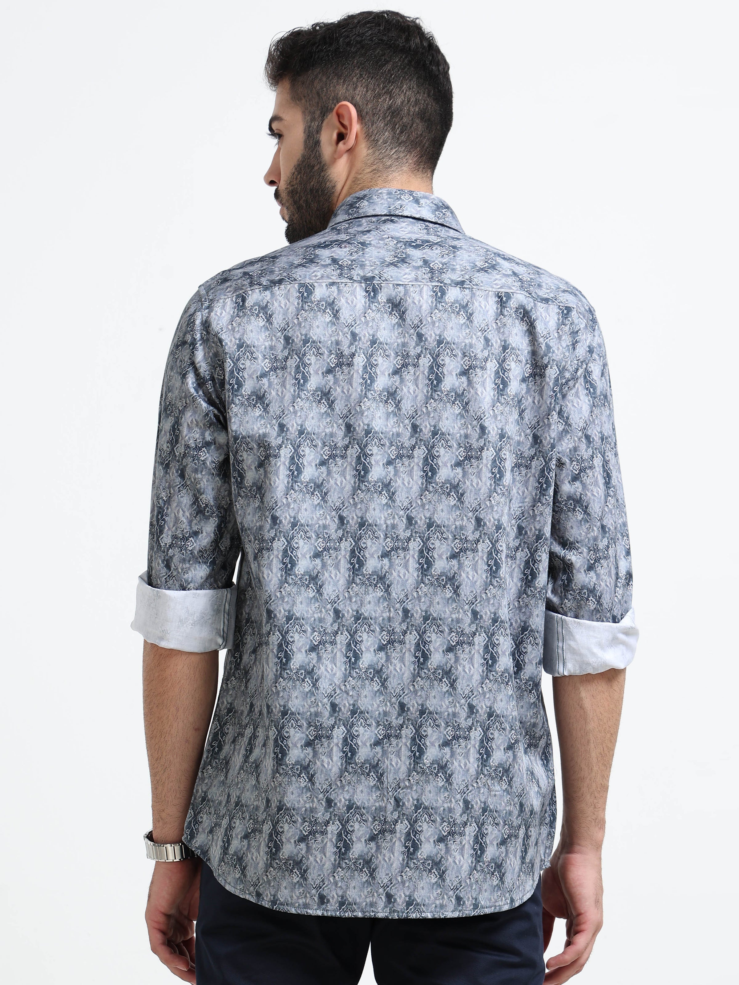 Blue Slim Fit Floral Printed Casual Shirt