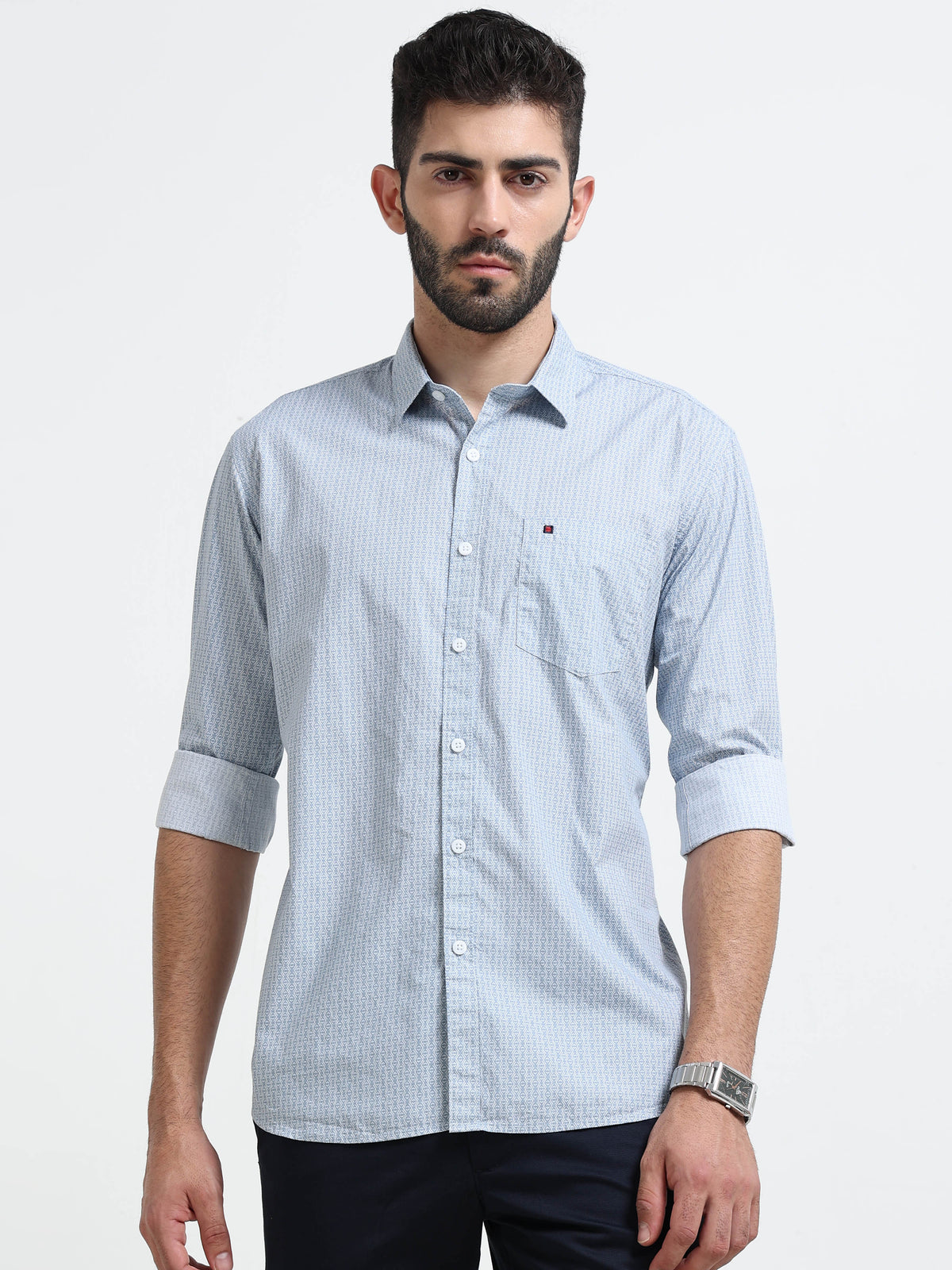 Light Grey Micro Print Slim Fit Cotton Casual Shirts