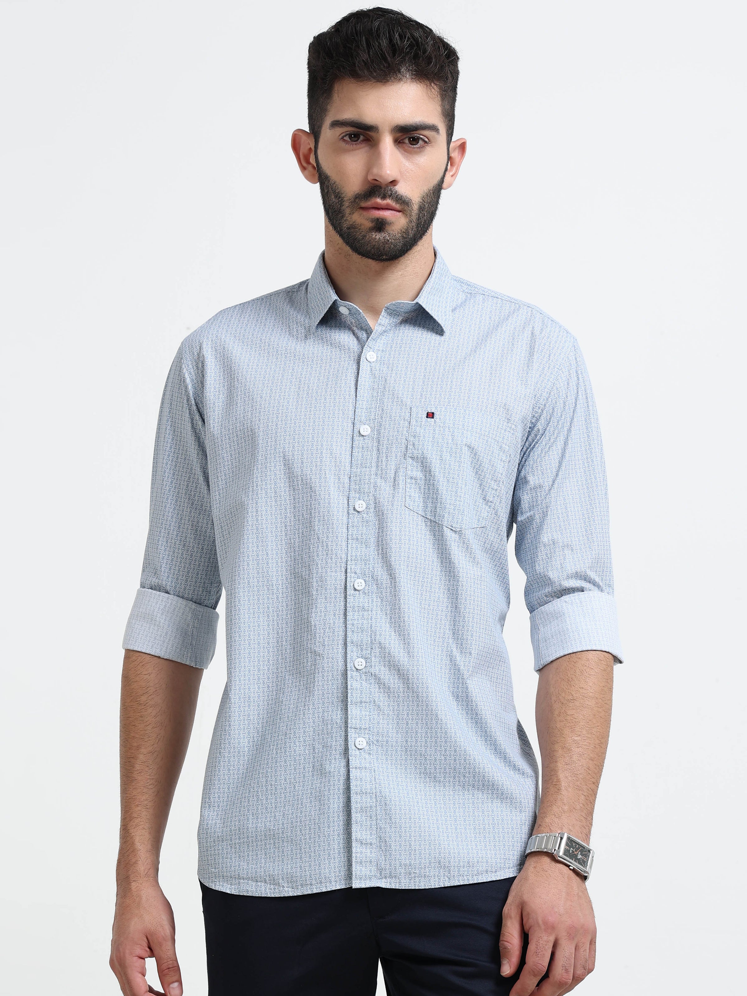 Light Grey Micro Print Slim Fit Cotton Casual Shirts