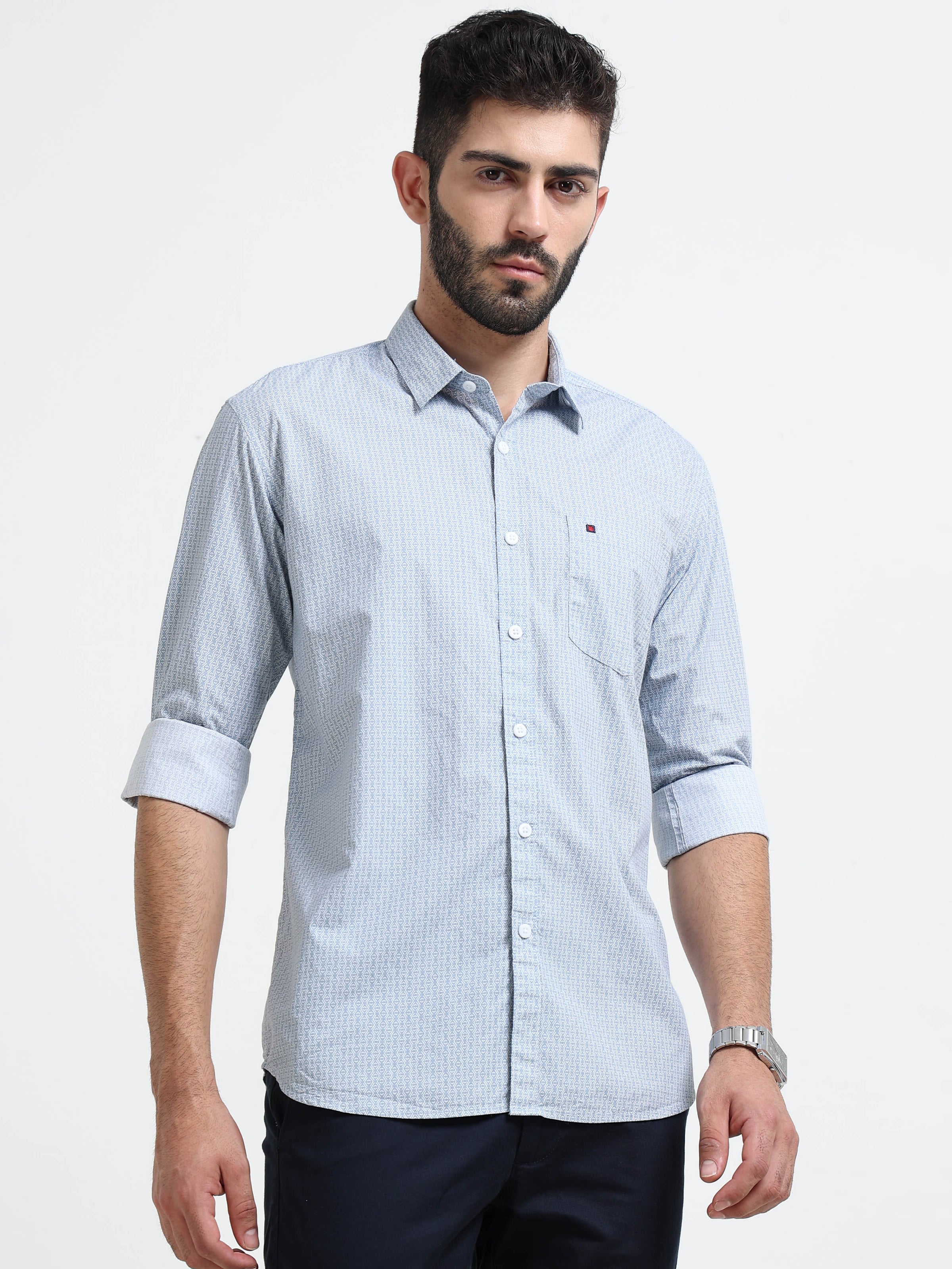 Light Grey Micro Print Slim Fit Cotton Casual Shirts
