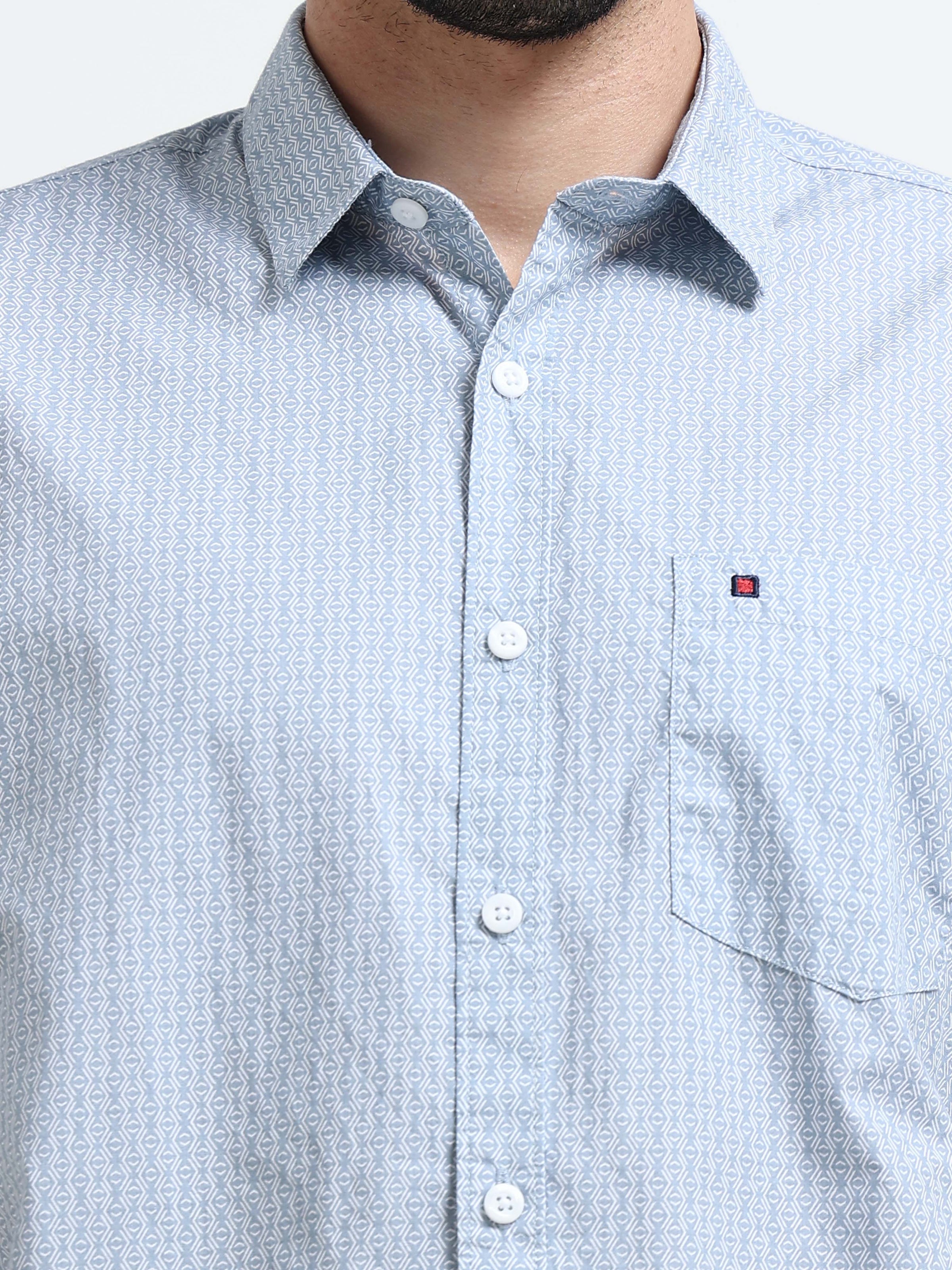 Light Grey Micro Print Slim Fit Cotton Casual Shirts