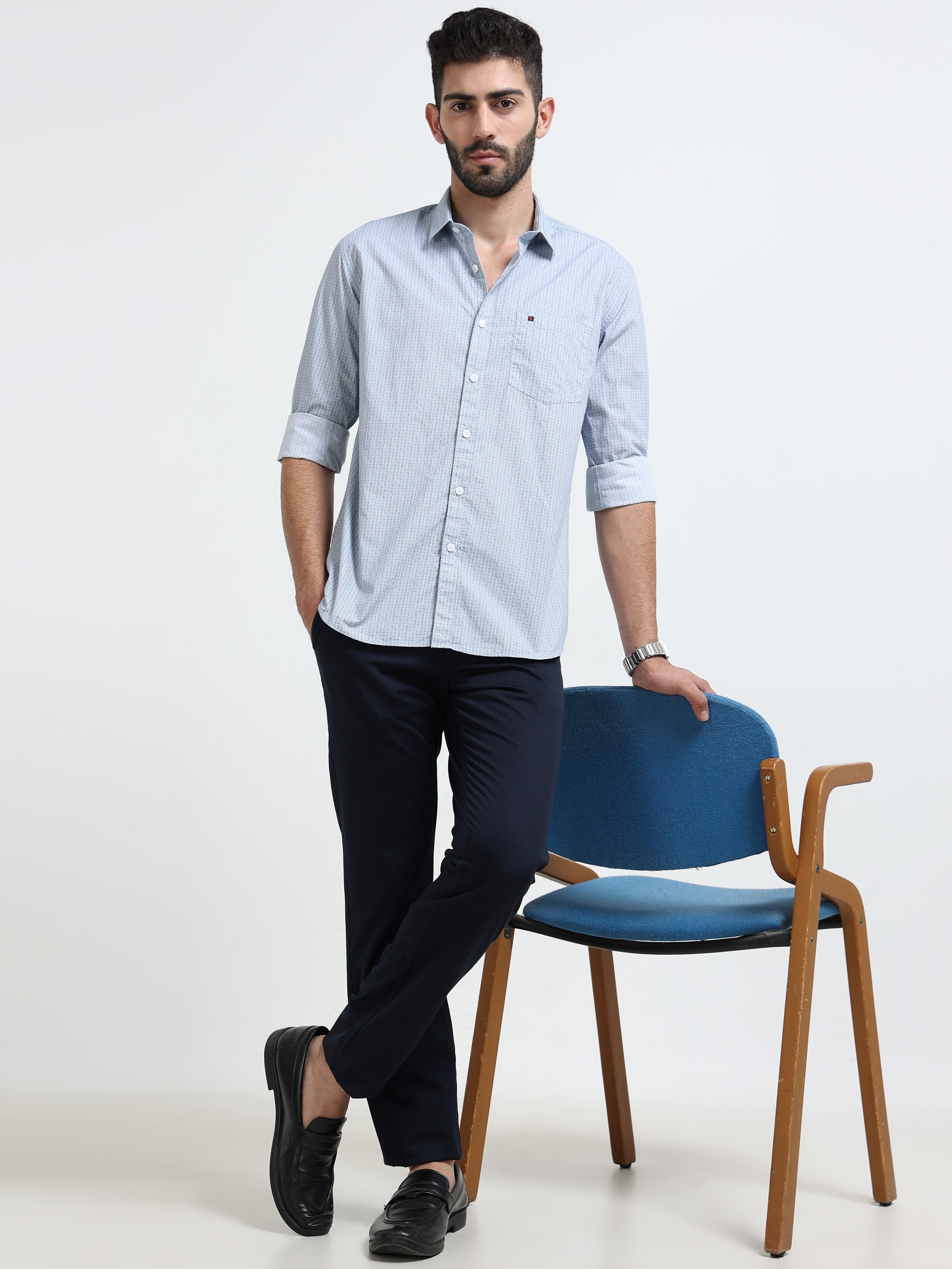 Light Grey Micro Print Slim Fit Cotton Casual Shirts