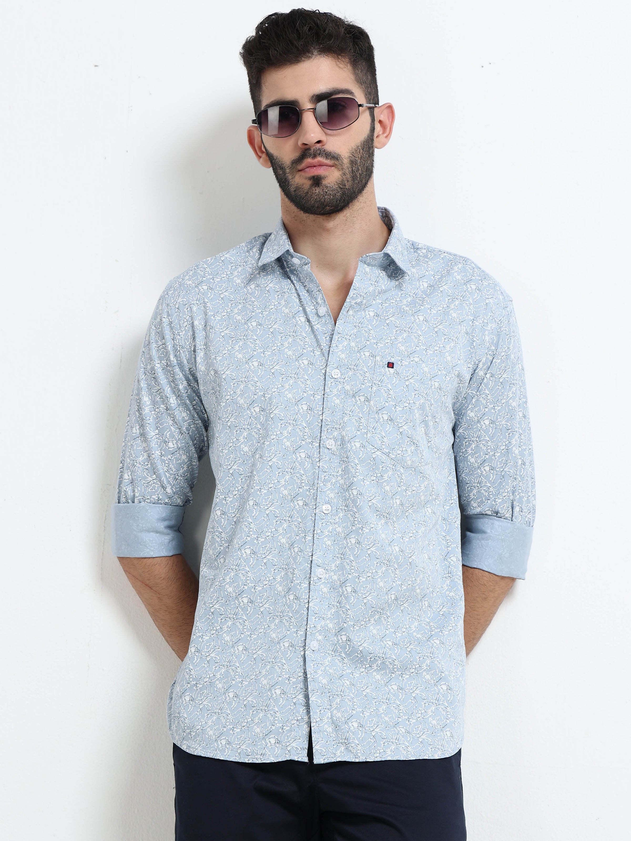 Light Blue Printed Slim Fit Cotton Casual Shirts