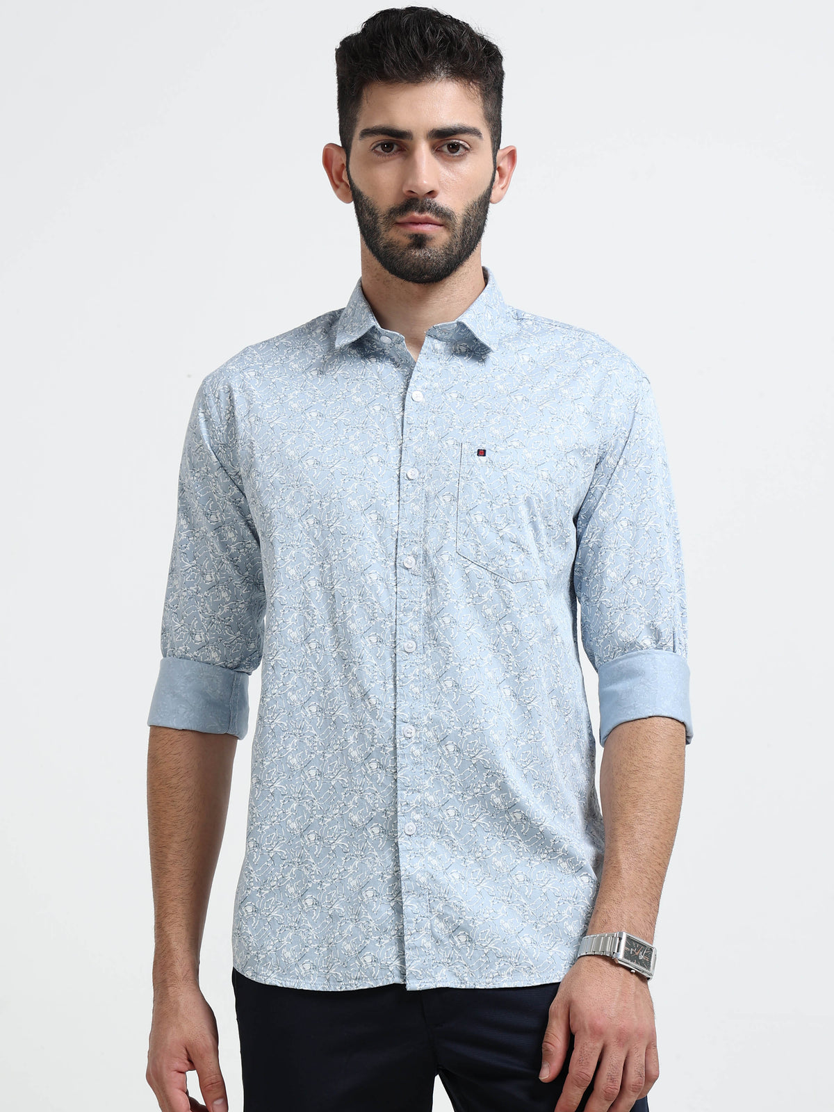 Light Blue Printed Slim Fit Cotton Casual Shirts