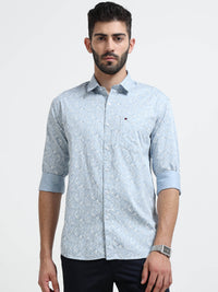 Light Blue Printed Slim Fit Cotton Casual Shirts