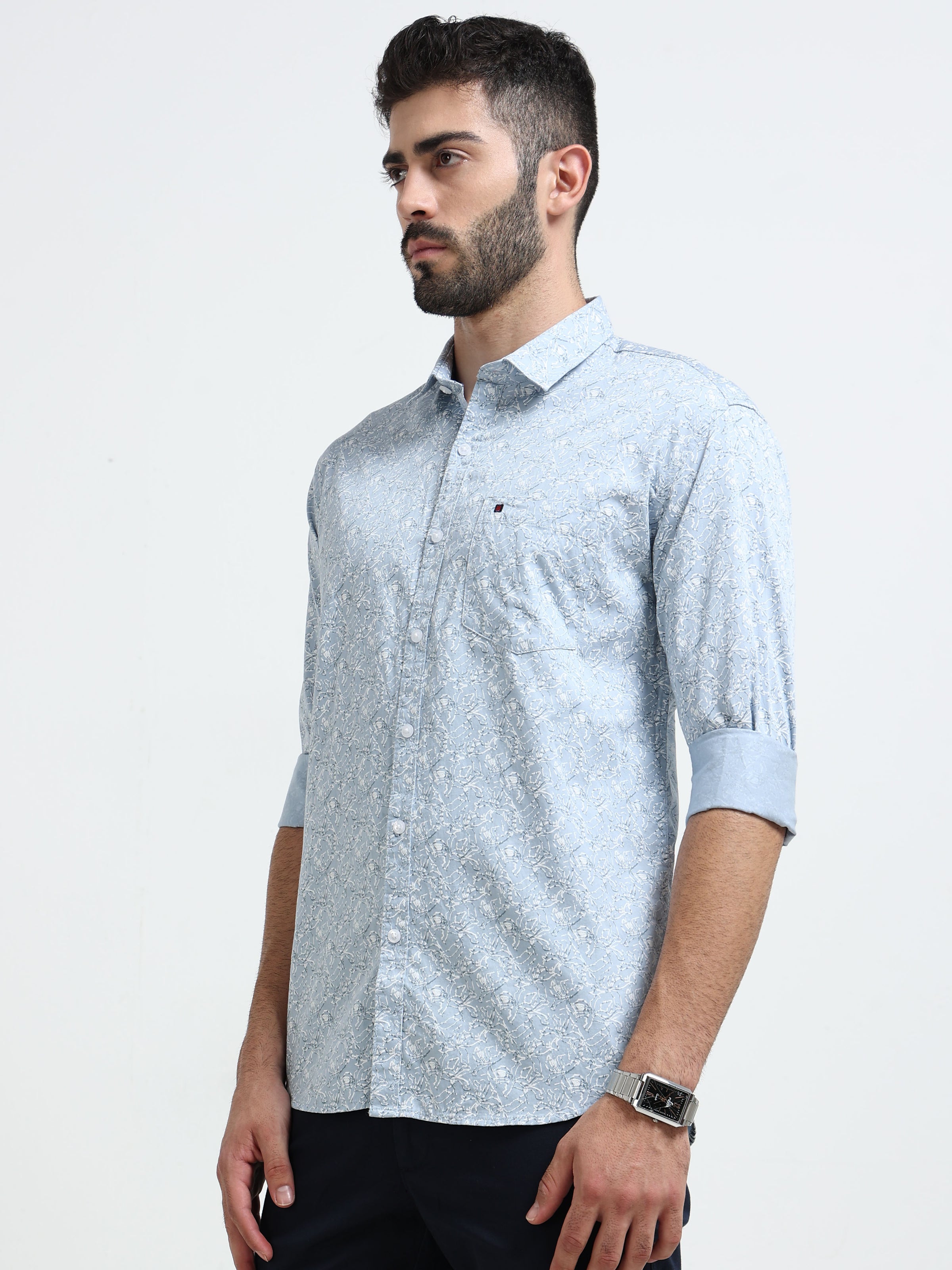 Light Blue Printed Slim Fit Cotton Casual Shirts