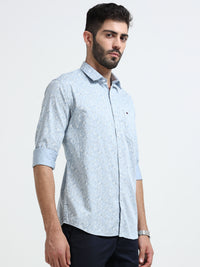 Light Blue Printed Slim Fit Cotton Casual Shirts