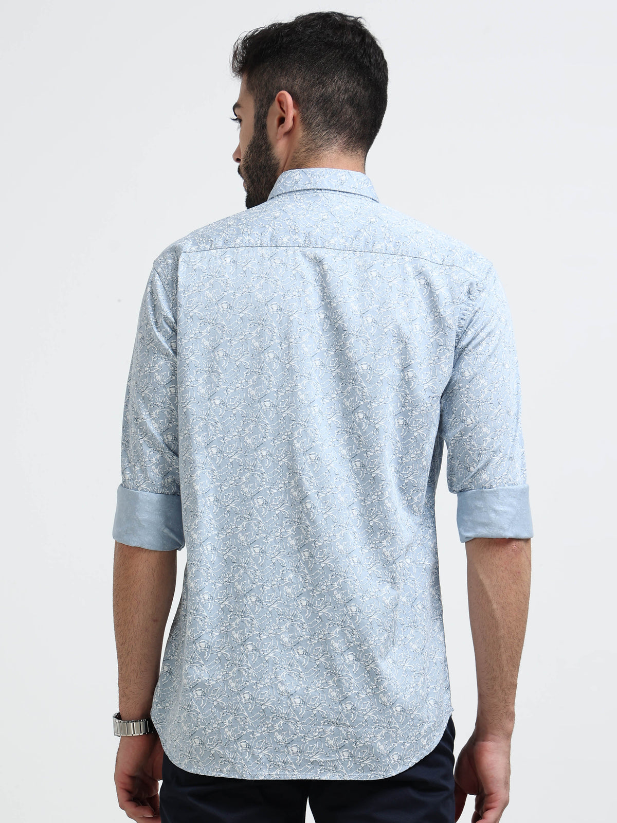 Light Blue Printed Slim Fit Cotton Casual Shirts