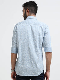 Light Blue Printed Slim Fit Cotton Casual Shirts