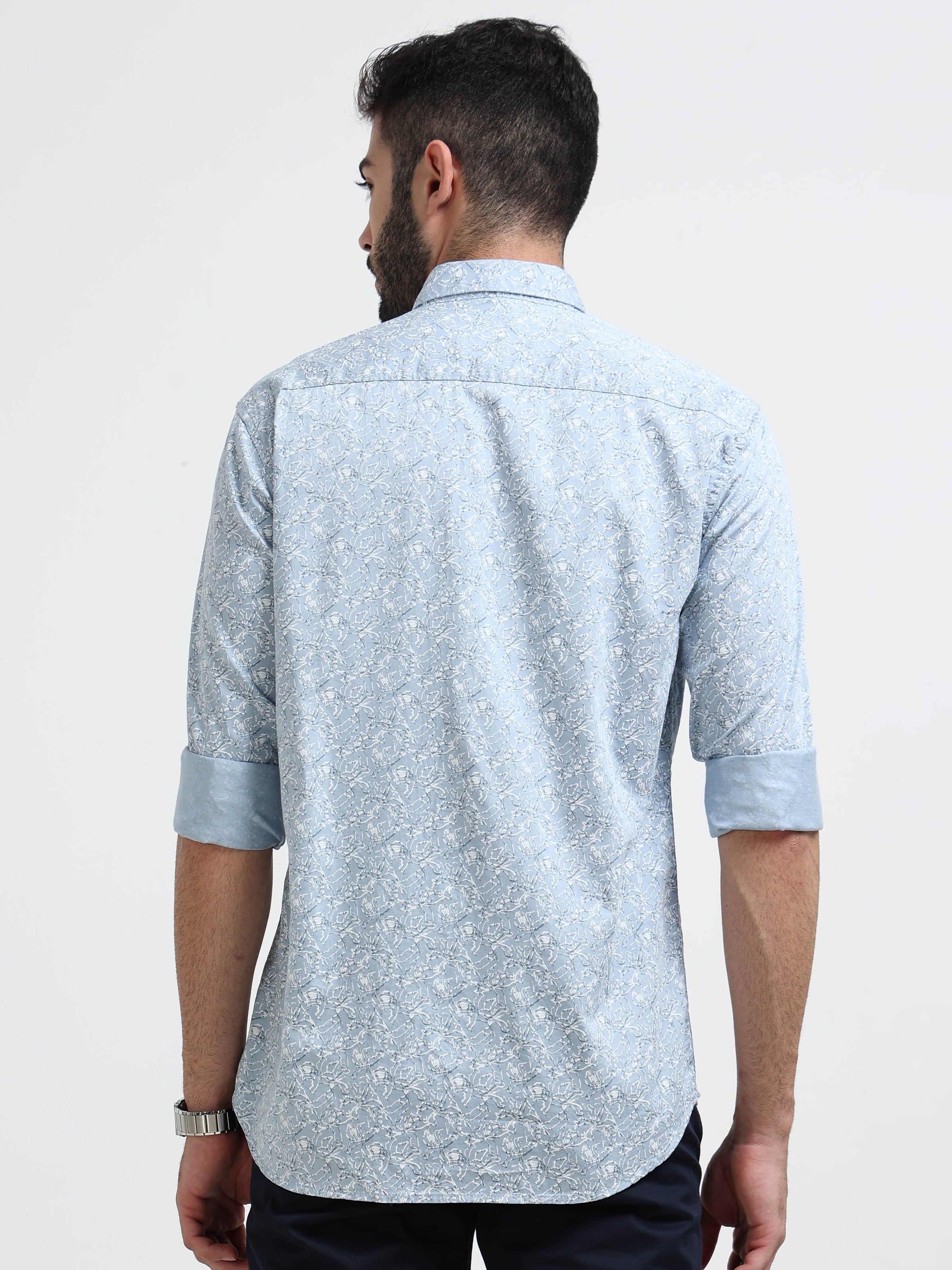 Light Blue Printed Slim Fit Cotton Casual Shirts