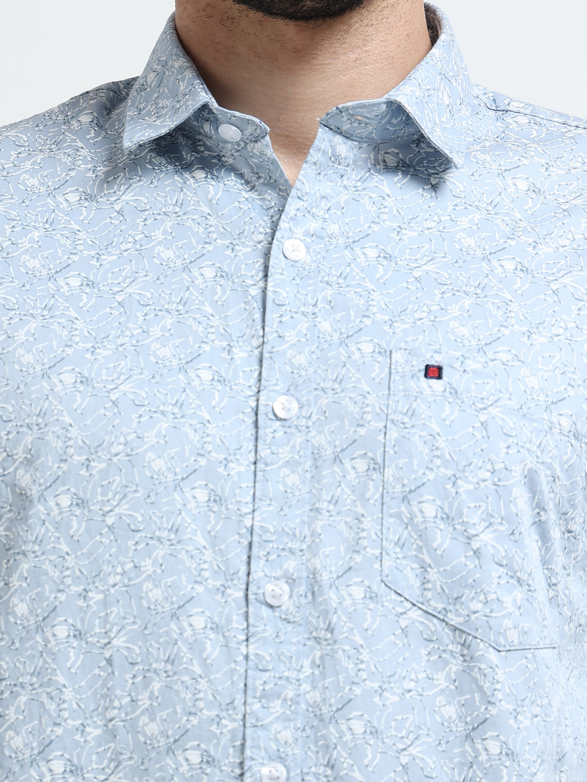 Light Blue Printed Slim Fit Cotton Casual Shirts