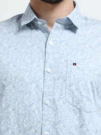 Light Blue Printed Slim Fit Cotton Casual Shirts