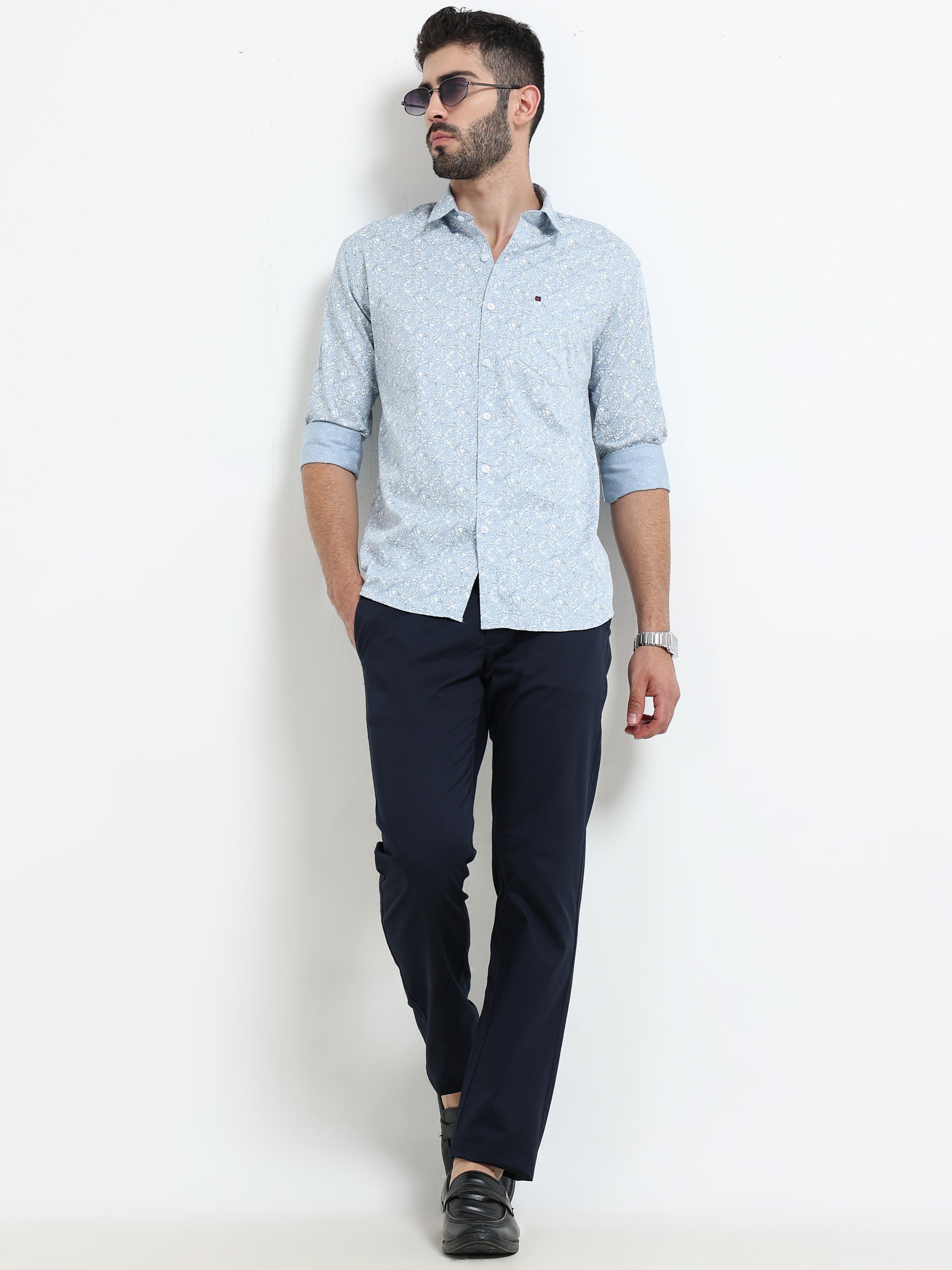 Light Blue Printed Slim Fit Cotton Casual Shirts