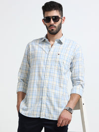 Sky Blue Checks Slim Fit Cotton Casual Shirts