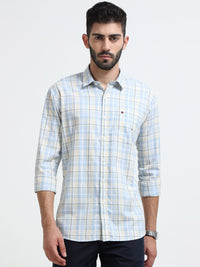 Sky Blue Checks Slim Fit Cotton Casual Shirts