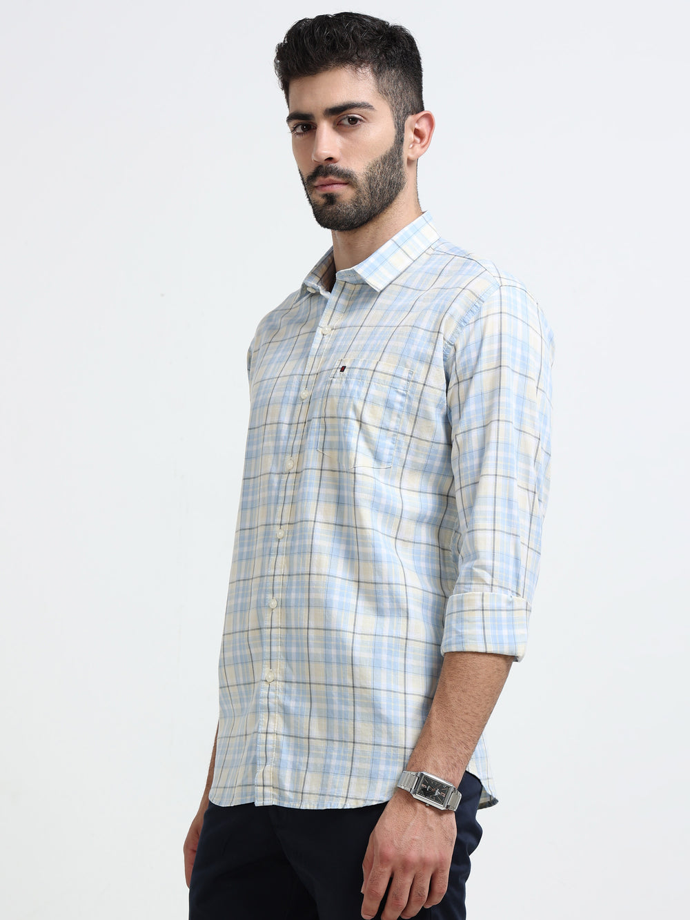 Sky Blue Checks Slim Fit Cotton Casual Shirts
