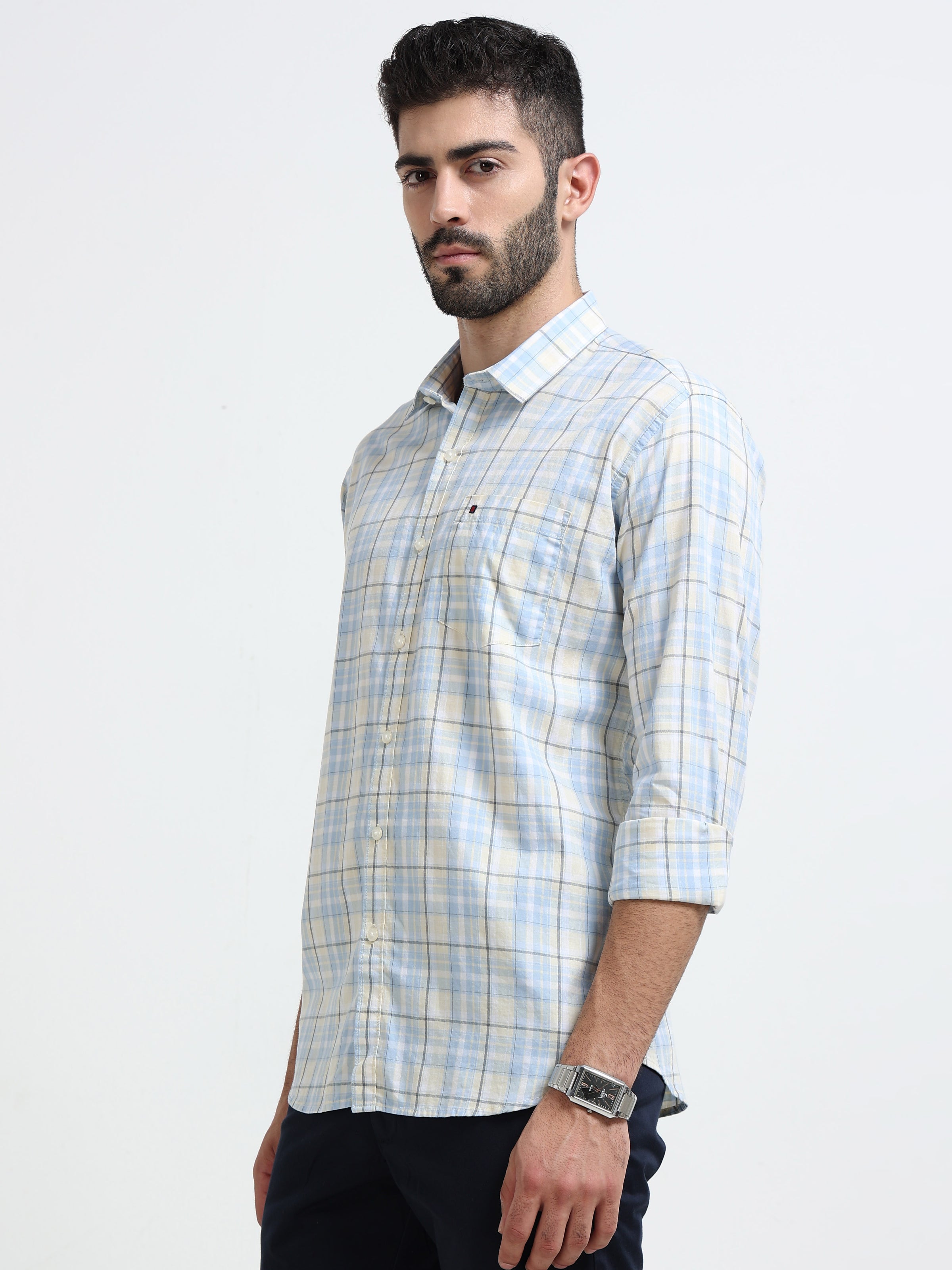 Sky Blue Checks Slim Fit Cotton Casual Shirts