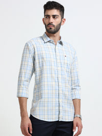 Sky Blue Checks Slim Fit Cotton Casual Shirts