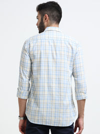 Sky Blue Checks Slim Fit Cotton Casual Shirts