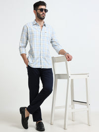 Sky Blue Checks Slim Fit Cotton Casual Shirts