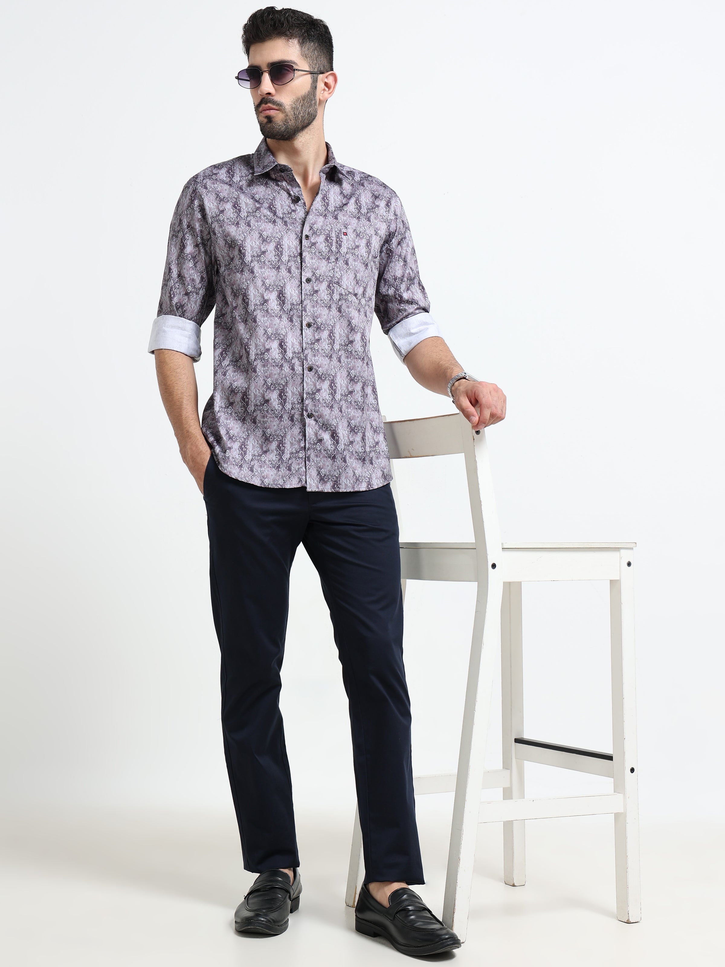 Purple Slim Fit Floral Printed Casual Shirt