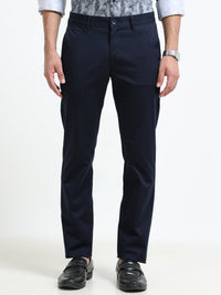 Men Navy  Solid Narrow Fit Casual Trousers
