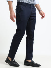 Men Navy  Solid Narrow Fit Casual Trousers