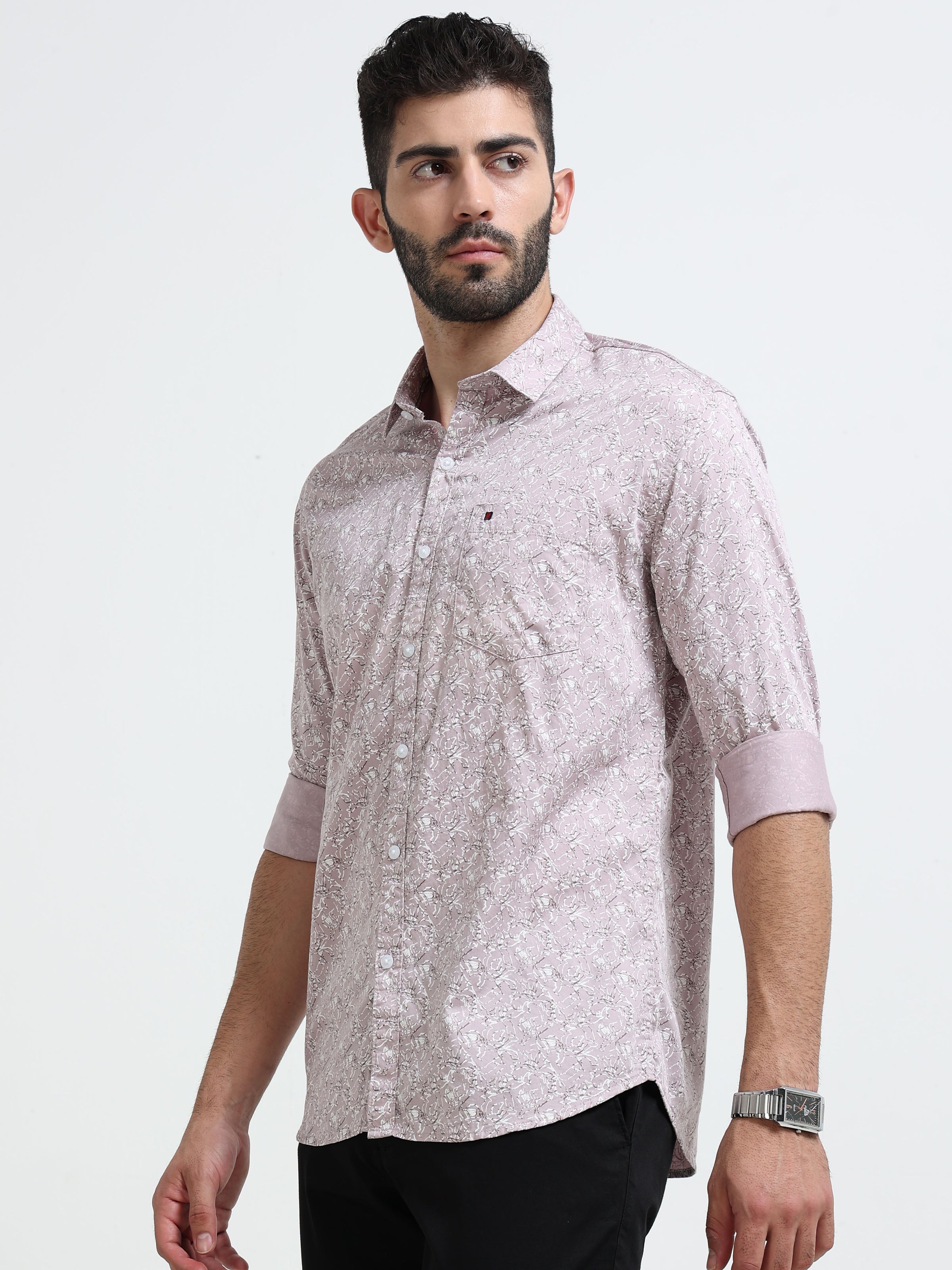 Light Purple Printed Slim Fit Cotton Casual Shirts