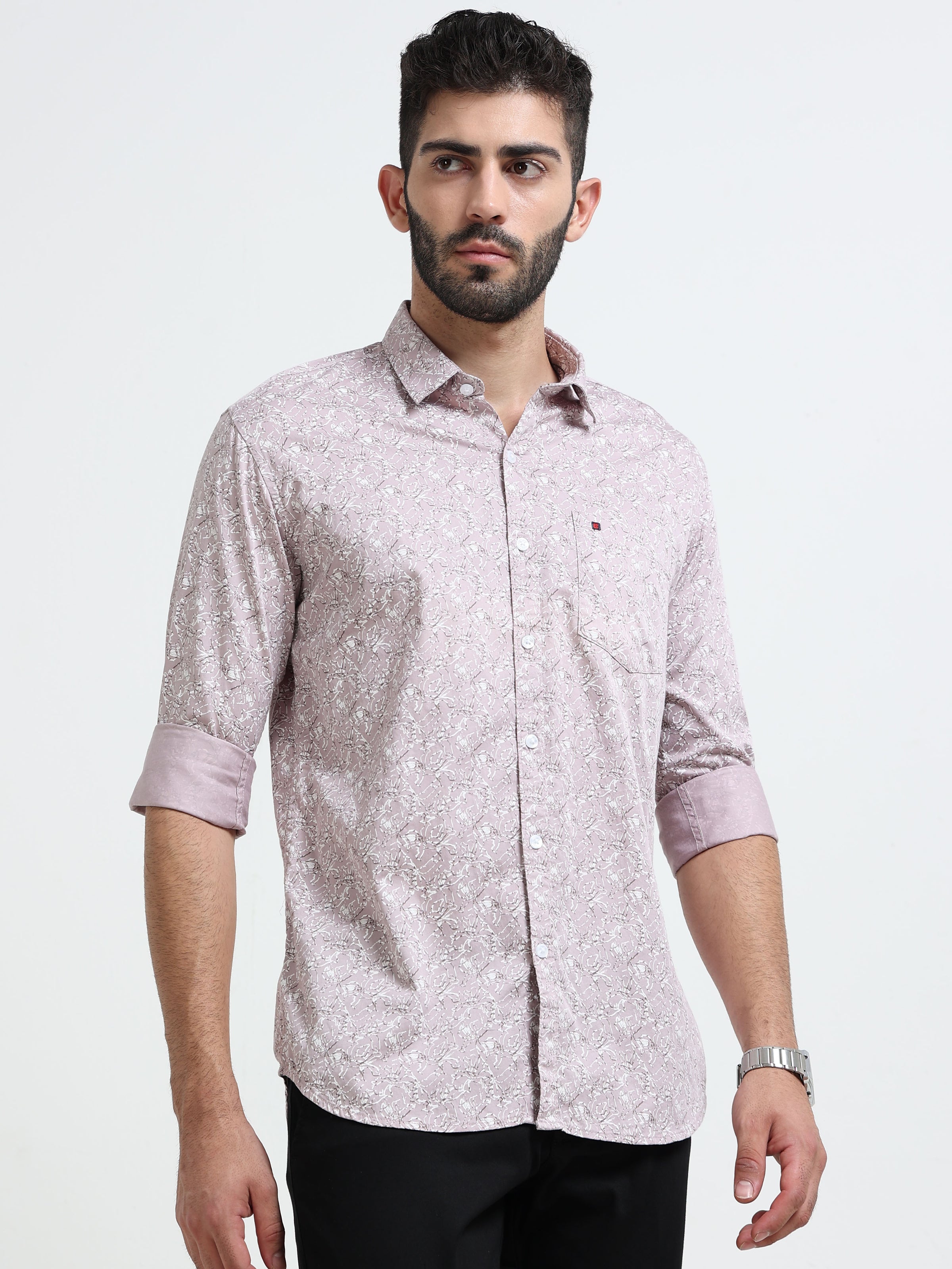 Light Purple Printed Slim Fit Cotton Casual Shirts