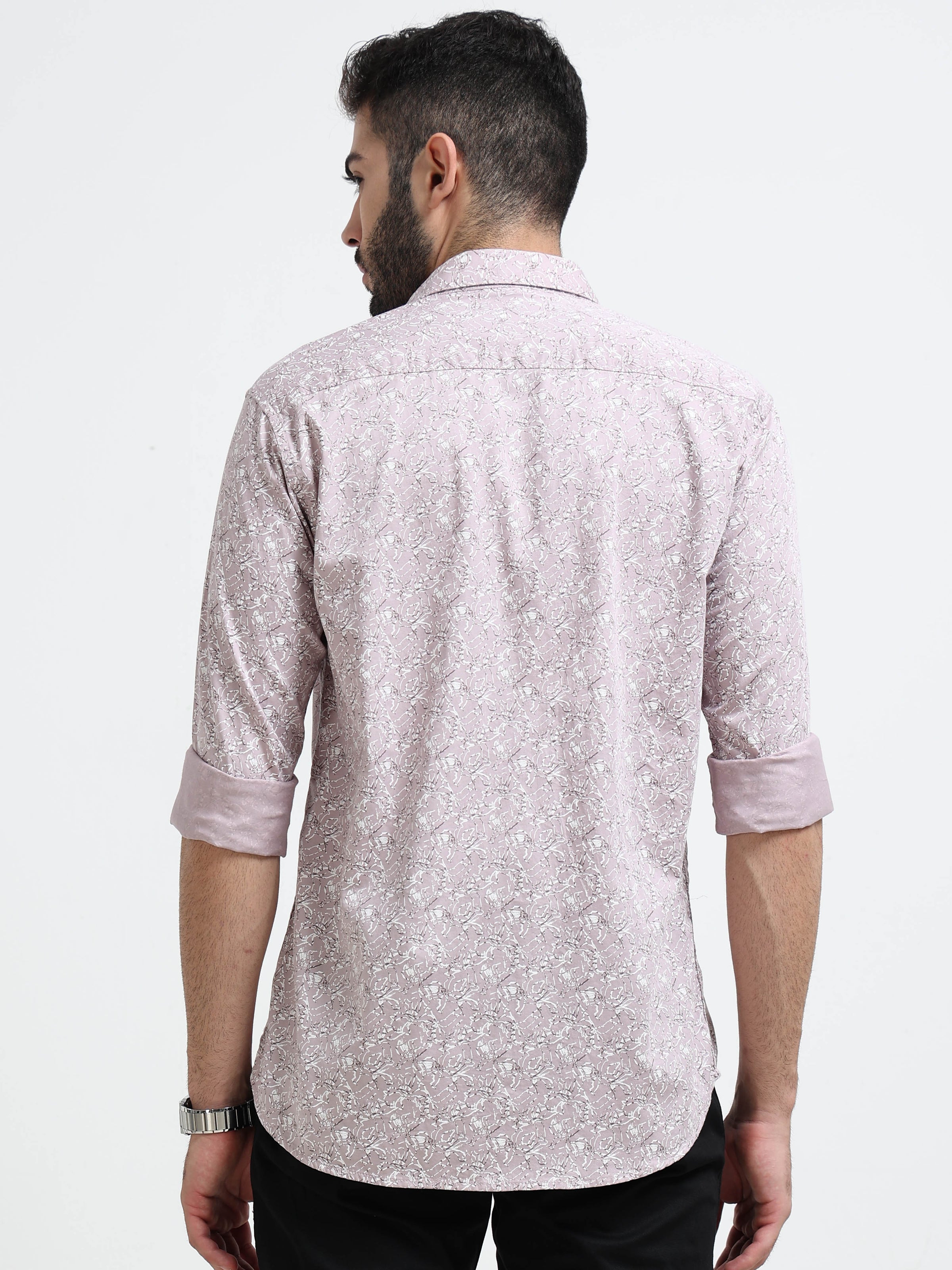 Light Purple Printed Slim Fit Cotton Casual Shirts
