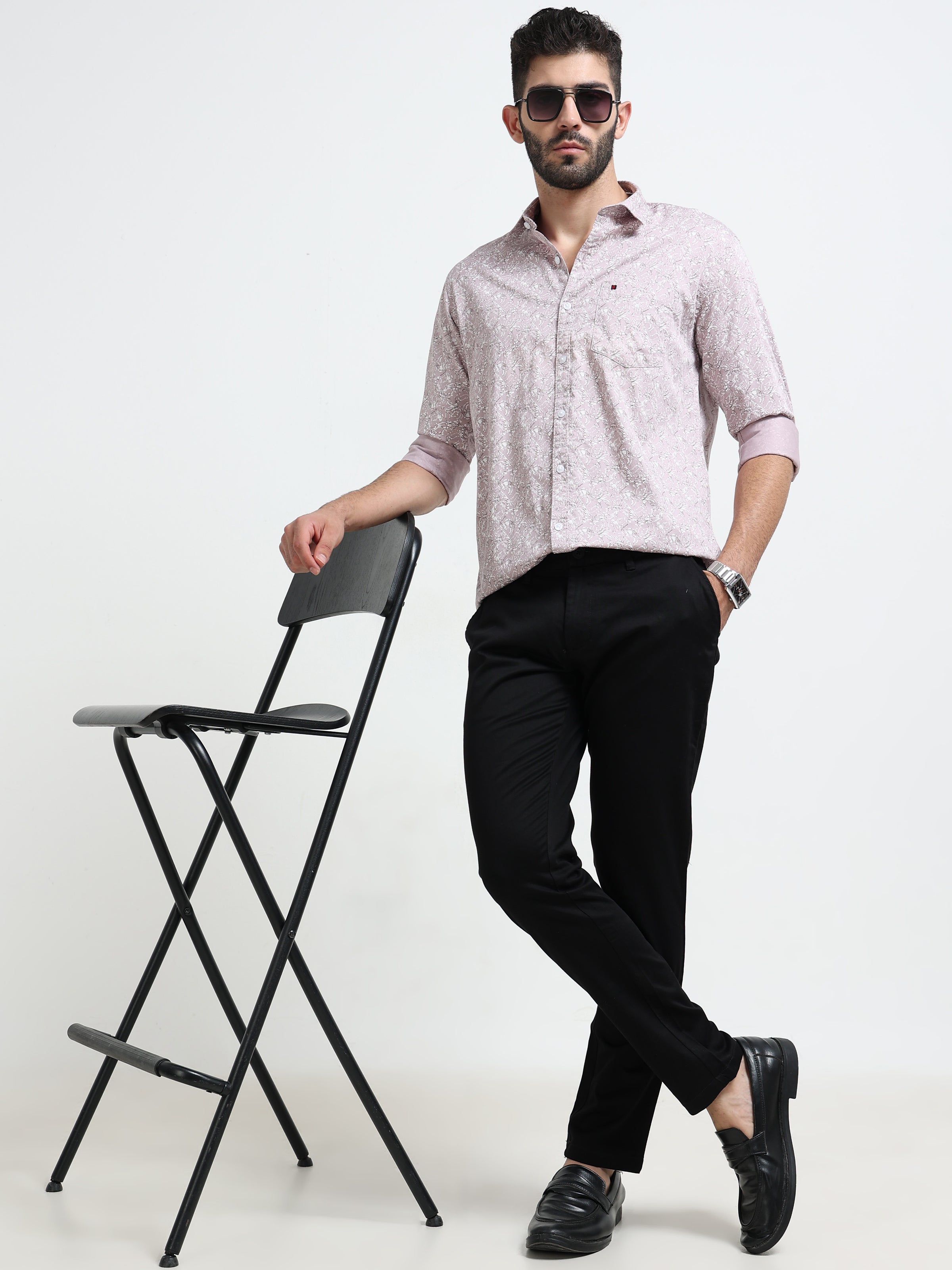 Light Purple Printed Slim Fit Cotton Casual Shirts