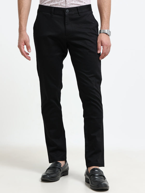 Men Black Solid Satin With Lycra Ankle fit Casual Trousers