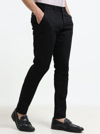 Men Black Solid Satin With Lycra Ankle fit Casual Trousers