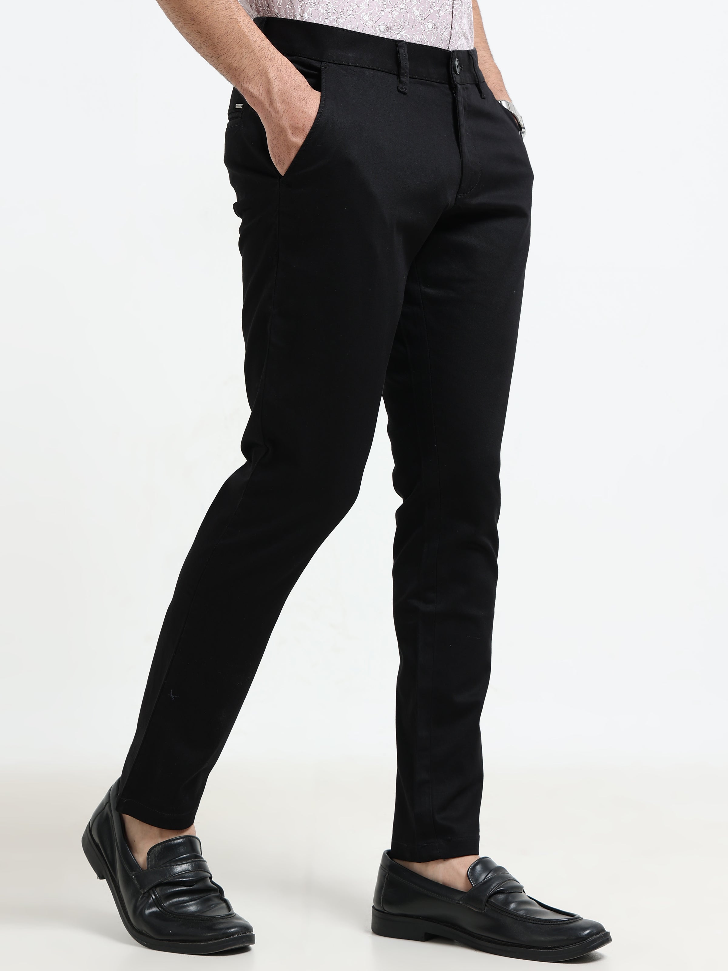 Men Black Solid Satin With Lycra Ankle fit Casual Trousers