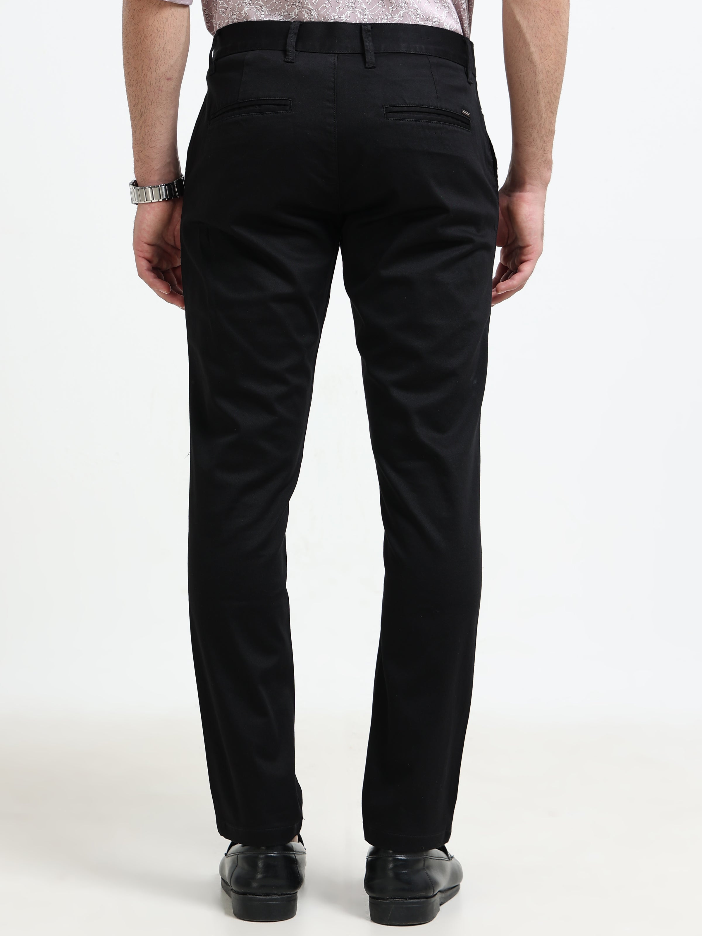 Men Black Solid Satin With Lycra Ankle fit Casual Trousers