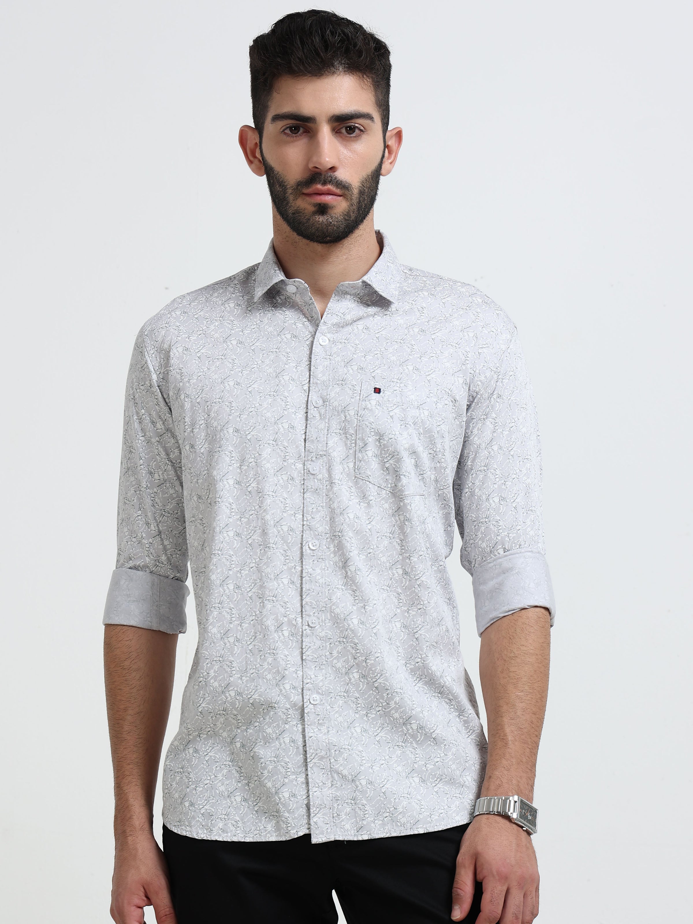 Light Grey Printed Slim Fit Casual Shirts