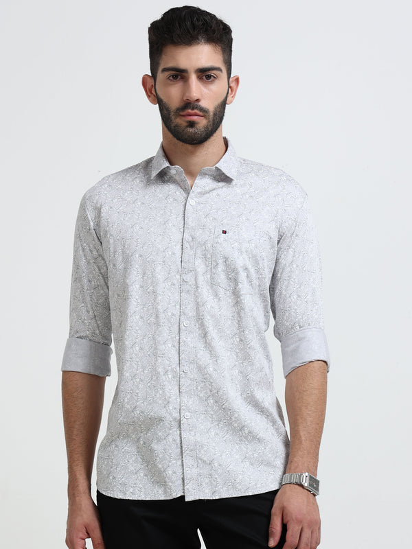 Light Grey Printed Slim Fit Casual Shirts