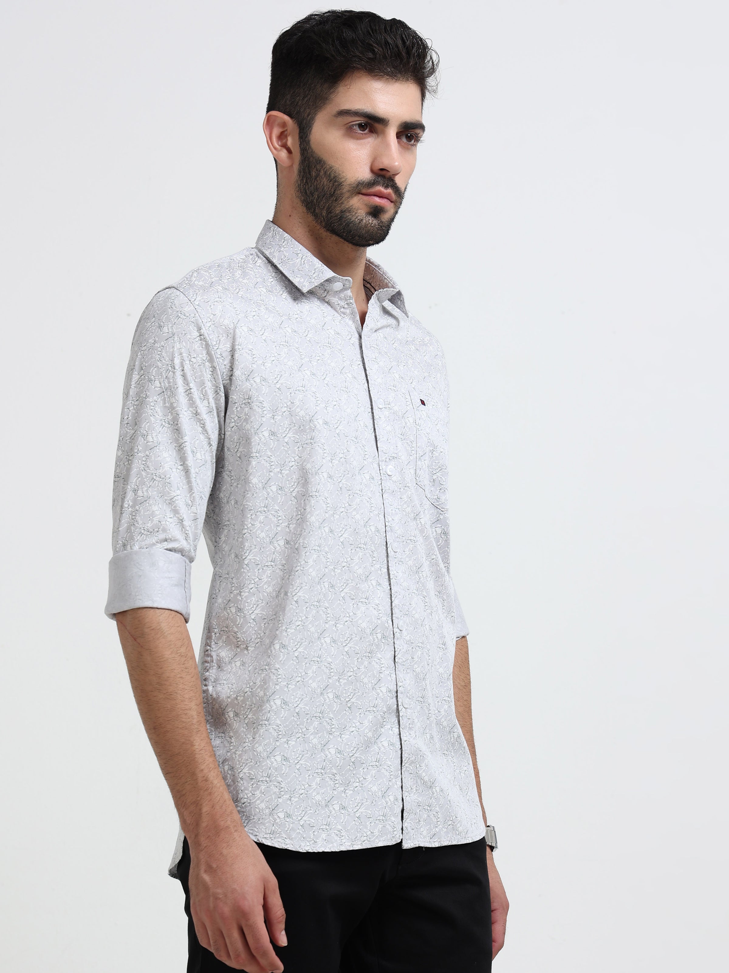 Light Grey Printed Slim Fit Casual Shirts