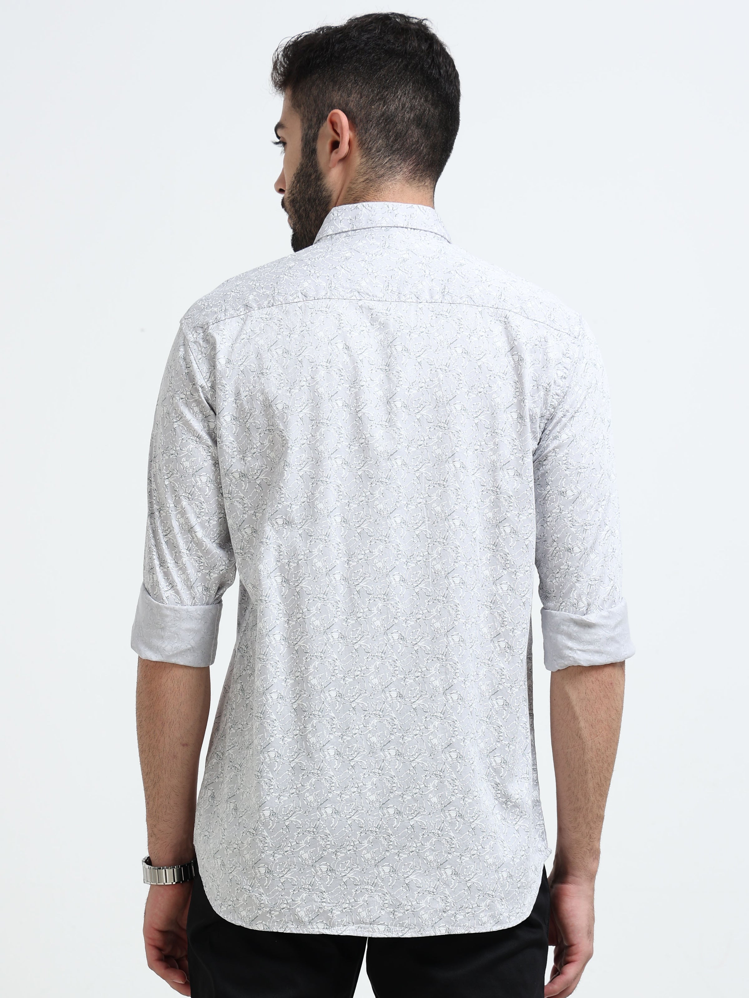 Light Grey Printed Slim Fit Casual Shirts