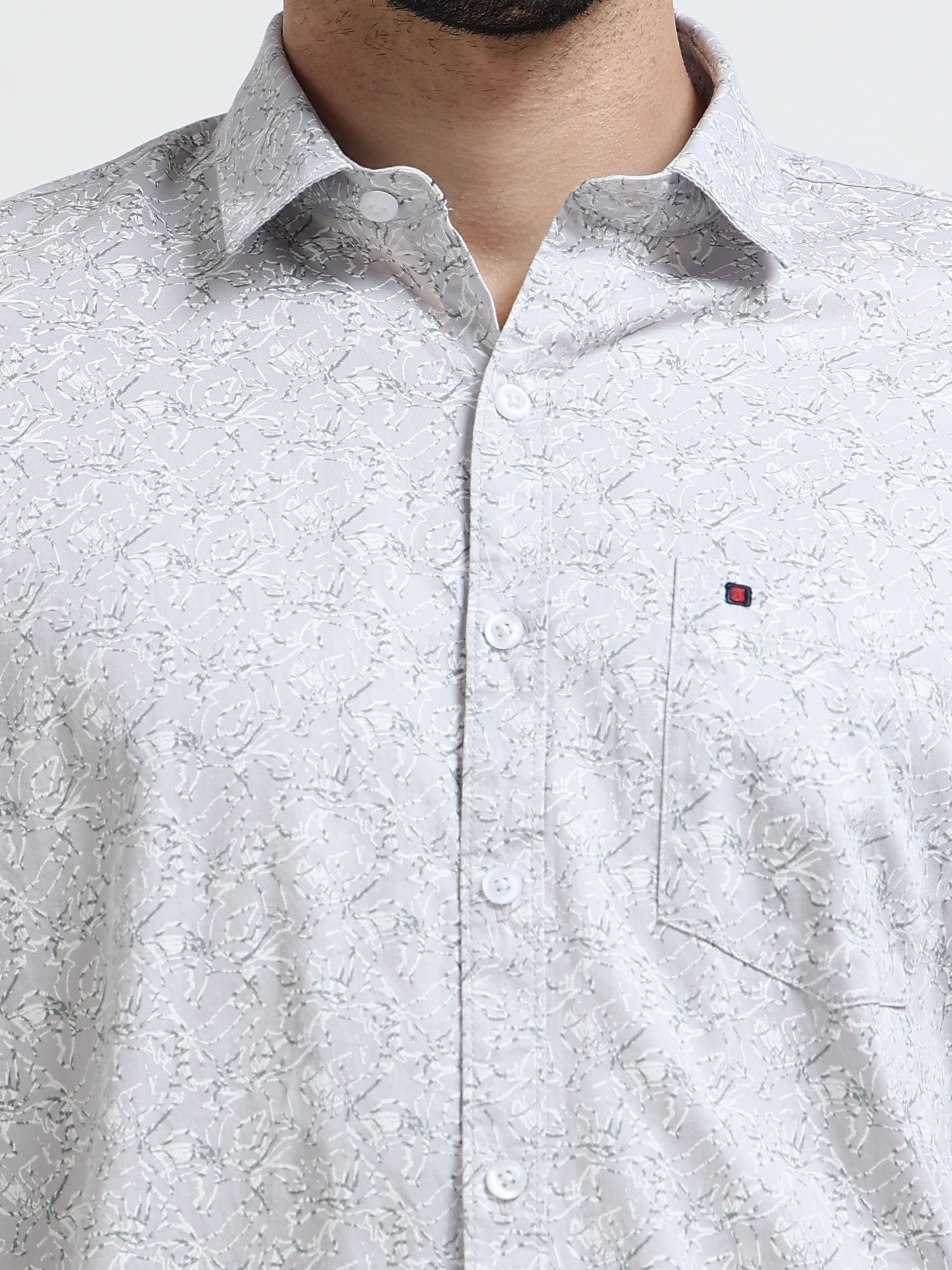 Light Grey Printed Slim Fit Casual Shirts