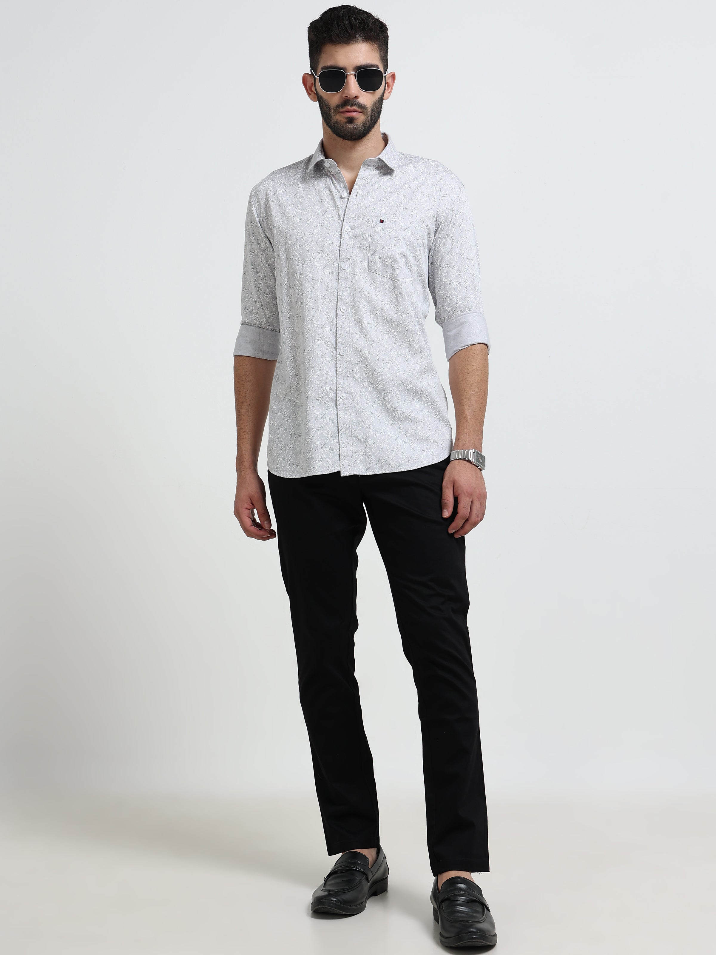 Light Grey Printed Slim Fit Casual Shirts