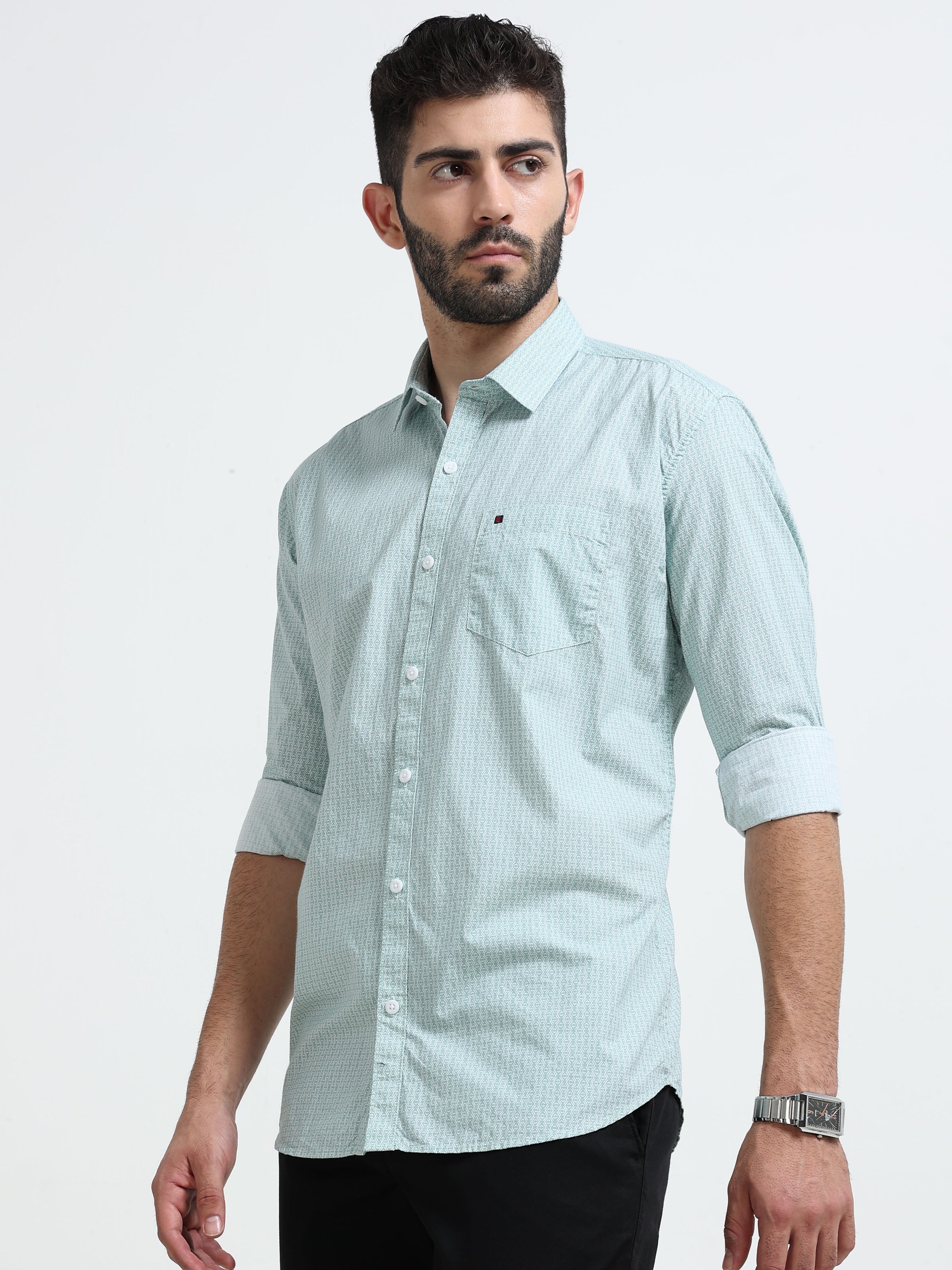 Mint Green Micro Print Slim Fit Cotton Casual Shirts