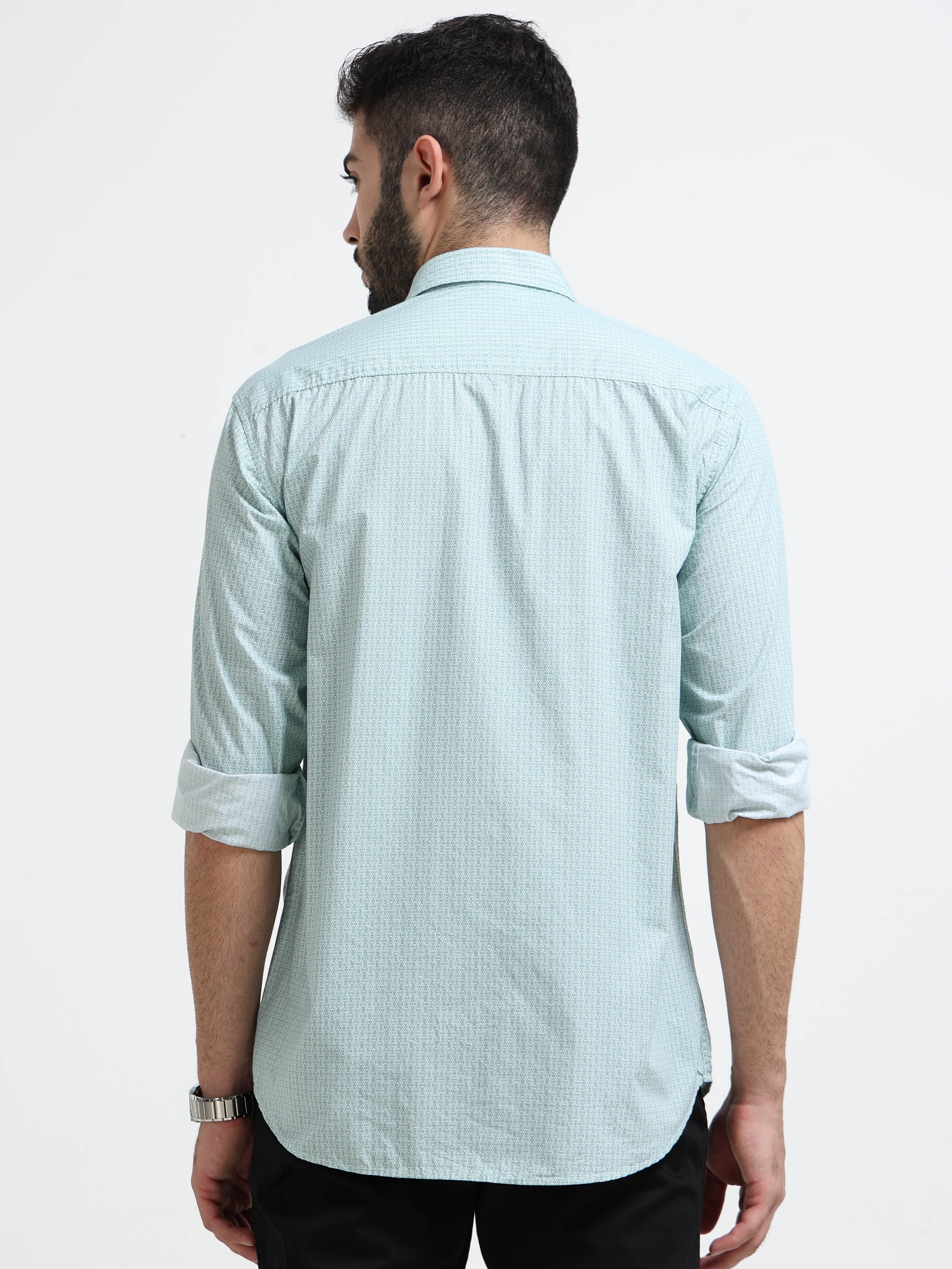 Mint Green Micro Print Slim Fit Cotton Casual Shirts