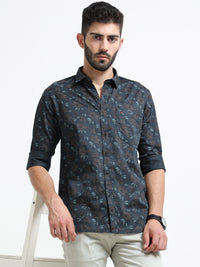 Dark Green Printed Slim Fit Cotton Casual Shirts